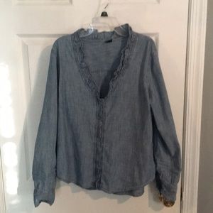 Gap Light Blue Chambray Ruffle Long Sleeve Shirt